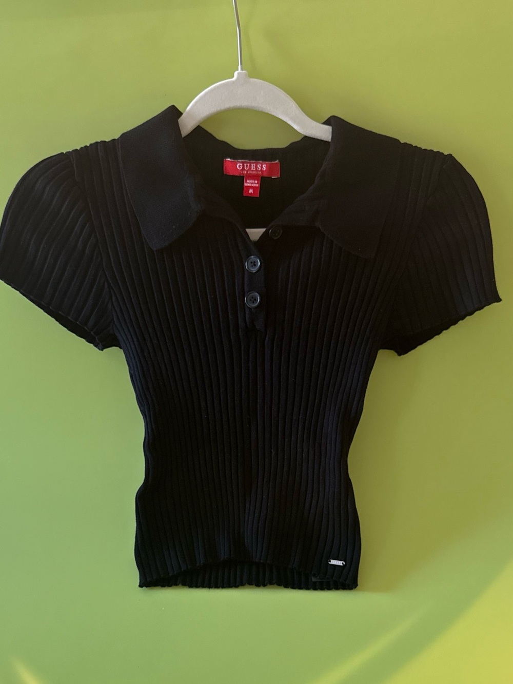 Guess Black Ribbed Polo Shirt with Button Placket Size Medium